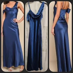 LULUS Elevated Romance Navy Blue Satin Asymmetrical Maxi Slip Dress Size Medium - Bild 1 von 12