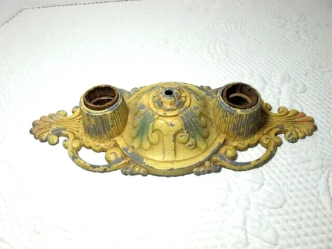 Cast Iron Riddle Co Design Dual Lamp Base Salvage Yellow Grn Candlestick Holder Cover