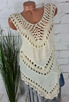 FASHION NEU ITALY SOMMER BOHO TUNIKA LONG TOP MIT HÄCKELEINSATZ BEIGE 36-40