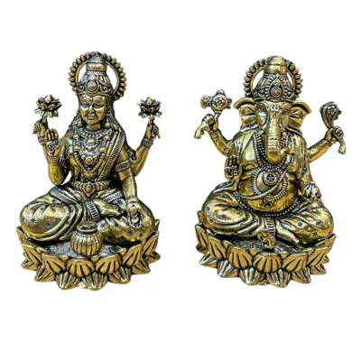 Latón Laxmi Ganesha ídolo estatua hecha a mano escultura estatuilla pooja dios religioso Foto 1 de 4