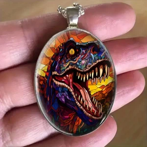 Dinosaur Oval Jewelry Vintage Silvery T-Rex Prehistoric Pendant Necklace B - Picture 1 of 5