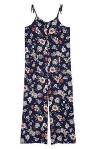Girls Kids Love Fire Floral Jumpsuit Navy Pockets Romper Sz XL 16 Strap 8565 - Picture 1 of 10