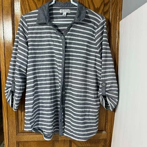 Kim Rogers Women’s Shirt XL Gray White Stripe Button Front 3/4 Roll Tab Sleeve - Picture 1 of 6