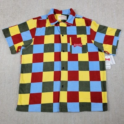 Camisa de tela Budweiser Pacsun Terry para hombre L azul negro rojo amarillo cuadros playa piscina Foto 1 de 4