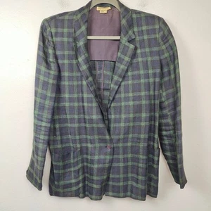 Vintage Complice Linen Blazer Womens Medium Green Blue Plaid Made in Italy - Picture 1 of 9