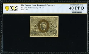 FR 1245 - 10c SECOND ISSUE w/ "18-63" - PLATE #61 - PCGS 40 PPQ - EX: TABACCO CN - Picture 1 of 5