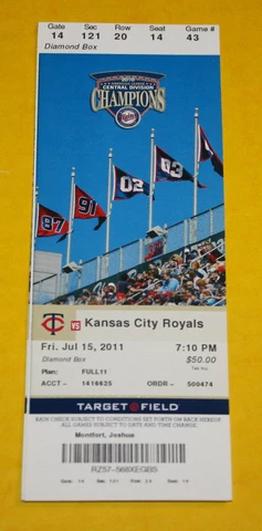 Minnesota Twins Ticket Stub | July 15 2011 | Eric Hosmer HR Jim Thome Hit Cover
