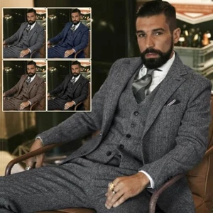 Herren Anzug Tweed mit Fischgrätenmuster Einreihige Reversekragen Herrenjacke - Bild 1 von 19