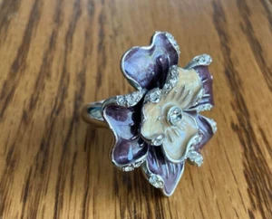 Silberfarbener Ring Strass Pflaume Taupe Blume Größe 9 Vintage - Bild 1 von 4