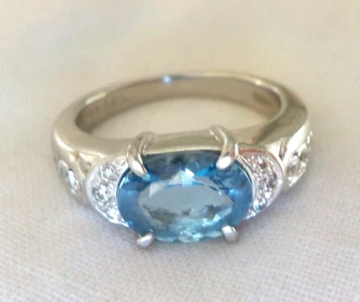 Шикарное платиновое кольцо с бриллиантом аквамарином Восток-Запад - 7,03 г, размер 5, 1,44 карата - Изображение 1 из 4