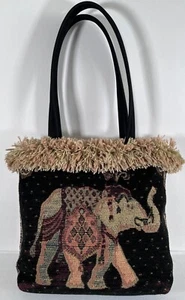 ELEPHANT TAPESTRY Purse Handbag Animal Print Fringe Snap Closure Black & Tan - Picture 1 of 10