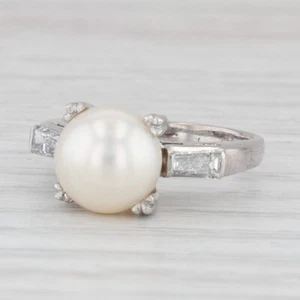 Vintage Cultured Pearl Diamond Ring 18k White Gold Size 6.5 - Picture 1 of 10
