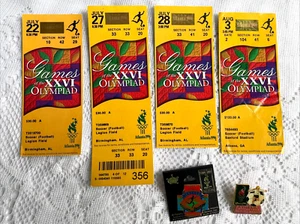 1996 Atlanta Summer Olympics- SOCCER (FOOTBALL) 4 TICKET STUBS & 2 PINS - Picture 1 of 4