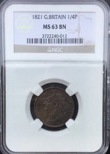 Great Britain 1821 George IV Farthing NGC MS63 Brown Light Tone Pretty - Picture 1 of 4