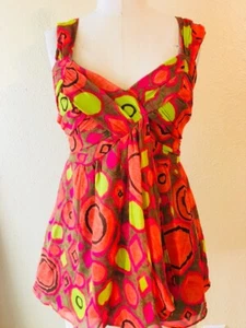 NANETTE LEPORE Women's Size 2 Small Orange Geometric Silk Tank Top Blouse Summer - Picture 1 of 10