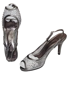 Papell Damenschuhe Größe 8,5 SILBERFARBEN Fersenriemen-Pumps mit Ledersohle Sandale Absatz - Bild 1 von 8