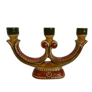 Mexican Folk Art Southwest Tan Talavera Pottery 3 Arm Candle Holder - Picture 1 of 13