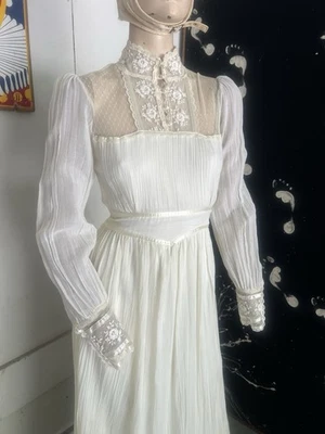 Vintage 70s Gunne Sax Dress Pleated Lace Belt Prairie Long Sleeve Bow High Neck - Image 1 of 4