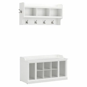 Woodland 40W Shoe Bench w/ Shelves and Coat Rack in White Ash - Engineered Wood - Picture 1 of 7