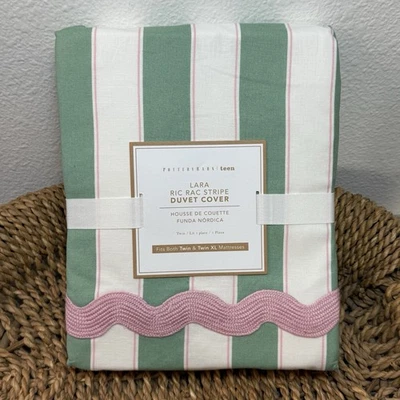 POTTERY BARN TEEN LARA RIC RAC STRIPE DUVET COVER, TWIN ~ GREEN / PINK - Image 1 of 4