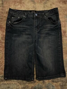 Earl Women’s Jean Shorts Size 8 Rhinestones Flap Pockets Blue Stretch - Picture 1 of 6