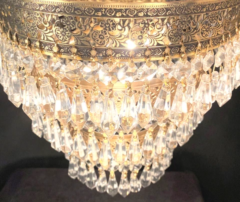 FINE ANTIQUE NYC ART DECO ERA HOTEL GILT 3 TIER WEDDING CAKE CRYSTAL CHANDELIER! Cover