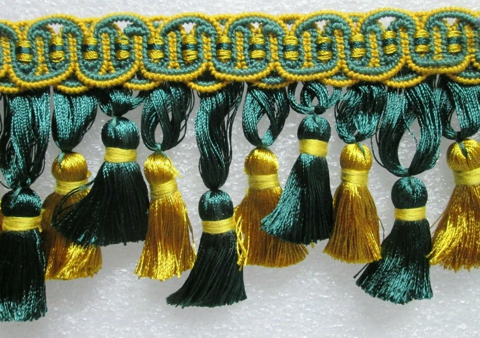 6 ярдов зубчатая БАХРОМА С КИСТОЧКАМИ 4 дюйма - зеленая/золотистая - обивочная ткань драпировочная отделка  - Изображение 1 из 1