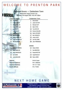 Team Sheet - Tranmere Rovers v Cheltenham Town 17.8.2002 - Picture 1 of 1