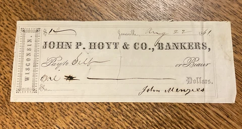 John P Hoyt & Co Bankers Check 1861 Janesville Wisconsin Cover