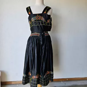 Vintage 1930s Rare Black Embroidered Floral Hungarian Czech Pinafore Dress Small - Picture 1 of 17
