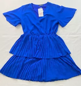 women's navy blue pleated dress size medium flutter sleeve ruffle V neck NO BELT - Picture 1 of 11