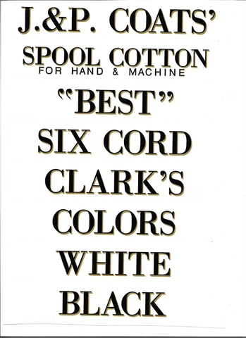 J & P COATS SPOOL CABINET LABEL 8 PIECE SET / BLACK LETTERS with GOLD SHADOW Cover