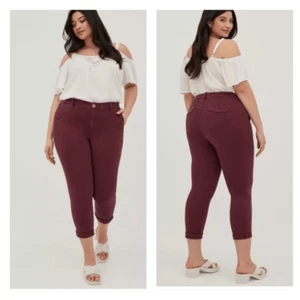 Pantaloni Torrid Crop Skinny Chino Elasticizzati Twill Vita Media Borgogna Taglia 16 NUOVI - Foto 1 di 9