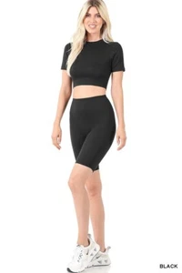 2 PC Zenana Biker Short Set + Crop Top Matching Set Outfit Sz L BLACK BUTTERY - Picture 1 of 3