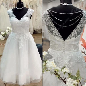 V Neck Short Wedding Dresses White/Ivory Lace Appliques Tea Length Bridal Gowns - Picture 1 of 9