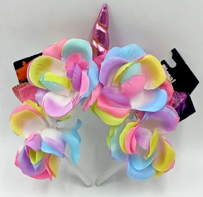 Diadema floral unicornio de Halloween para mujer OSFM orejas brillantes flores coloridas nueva Foto 1 de 4