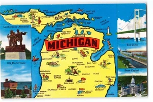 Postal Mapa del Estado de Michigan “El País de las Maravillas del Agua” Monumentos Turísticos Años 50 - Imagen 1 de 2