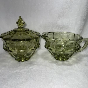 Fenton Glass Co. Green Valencia Colonial Green Lidded Sugar Dish & Creamer - Picture 1 of 12