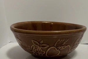Vintage Raised Relief Fruit Motif Brown Pottery Round Bowl Marked USA - Picture 1 of 8