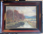 Oil painting P. Ensslin 1929 Autumn on the shore birch forest meadows landscape