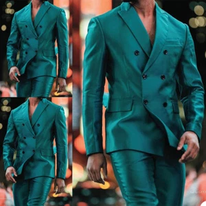 Silk Satin Men Suit Green Double Breasted Peak Lapel Casual Prom Tuxedos - Picture 1 of 9