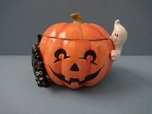 FITZ AND FLOYD HALLOWEEN KÜRBIS SCHWARZE KATZE & GEIST BONBONIERE Vintage 1987 - Bild 1 von 13