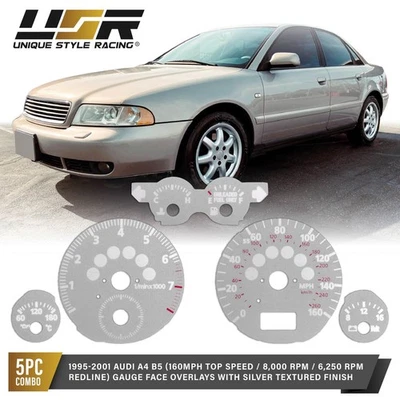 Silver Gauge Face Overlay For 1995-2001 Audi A4 B5 160MPH 8000 RPM Celsius Temp - Image 1 of 4