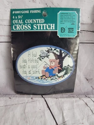 Gone Fishing~Oval Counted Cross Stitch. New, In Package  - Image 1 of 4