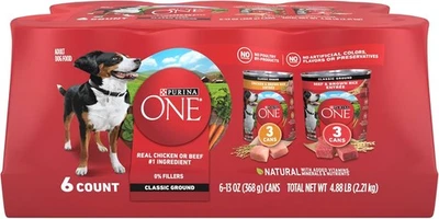 Purina ONE Wet Dog Food Variety Pack, Chicken & Beef, 6 Cans (13 oz) - Image 1 of 4