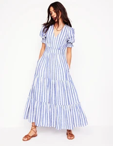 BNWT Boden Anna Linen Tiered Midi Dress Sz 14 R Blue Stripe - Picture 1 of 6