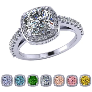 Platinum Plated Silver Halo Engagement Ring With 2 CTW Cushion Zirconia - Size 6 - Picture 1 of 7