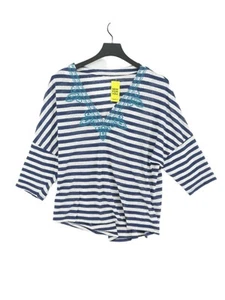 Monsoon Women's Top L Blue Striped 100% Linen Long Sleeve V-Neck Basic - Picture 1 of 5