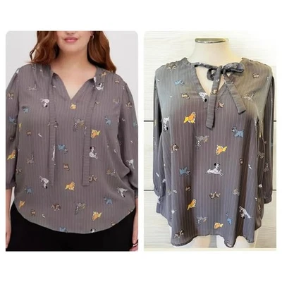 Torrid Plus Size 2 Disney Dogs Georgette Secretary Tie Pinstripe Peasant Blouse - Image 1 of 3