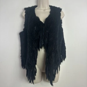 Romeo Juliet Couture Real Rabbit Fur Women's Vest Size L Black Fringe Western - Picture 1 of 7